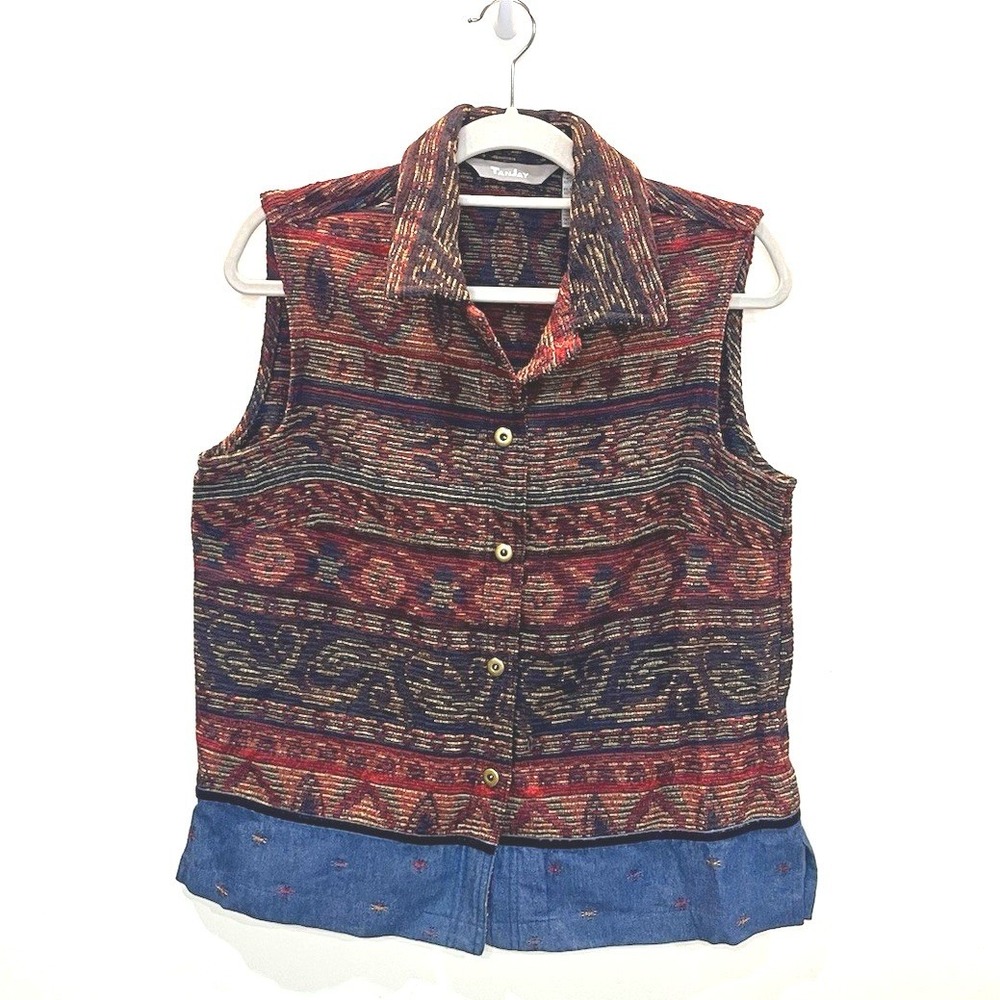 90s TanJay Tapestry Denim Vest Medium Western Boho Aztec Indie Southwestern